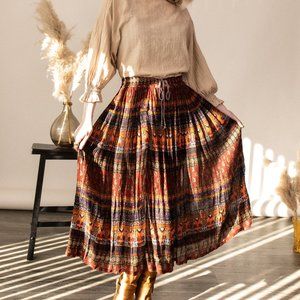 India rayon gauze paisley boho pleated midi skirt